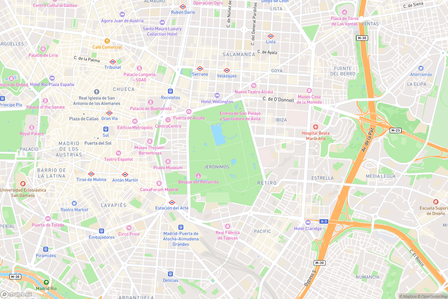 Carte du quartier Retiro à Madrid