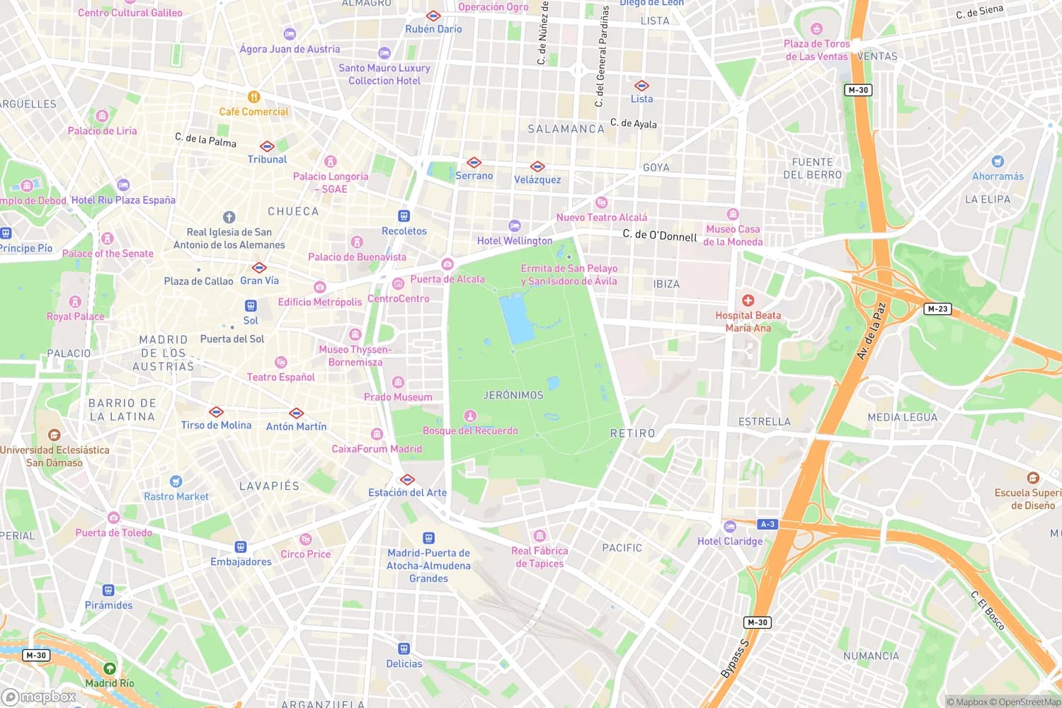 Carte du quartier Retiro à Madrid